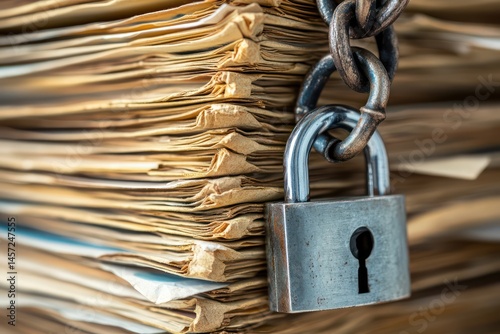 Chain and padlock secure stack of documents symbolizing data protection photo