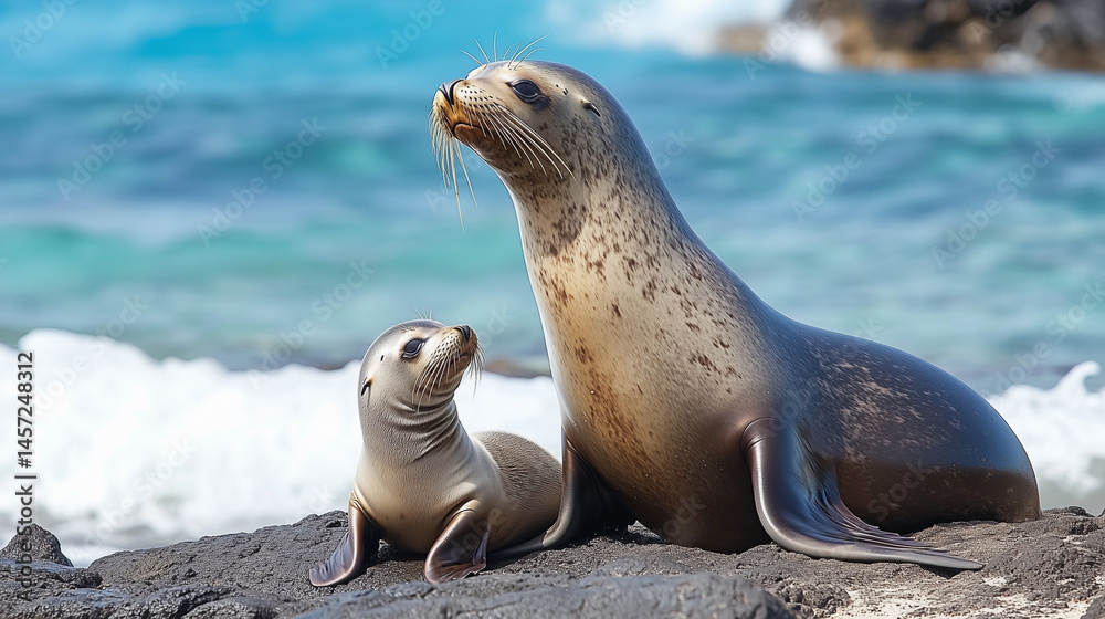 Naklejka premium Seal and her pup relaxing together on a rocky shore with gentle ocean waves in the background