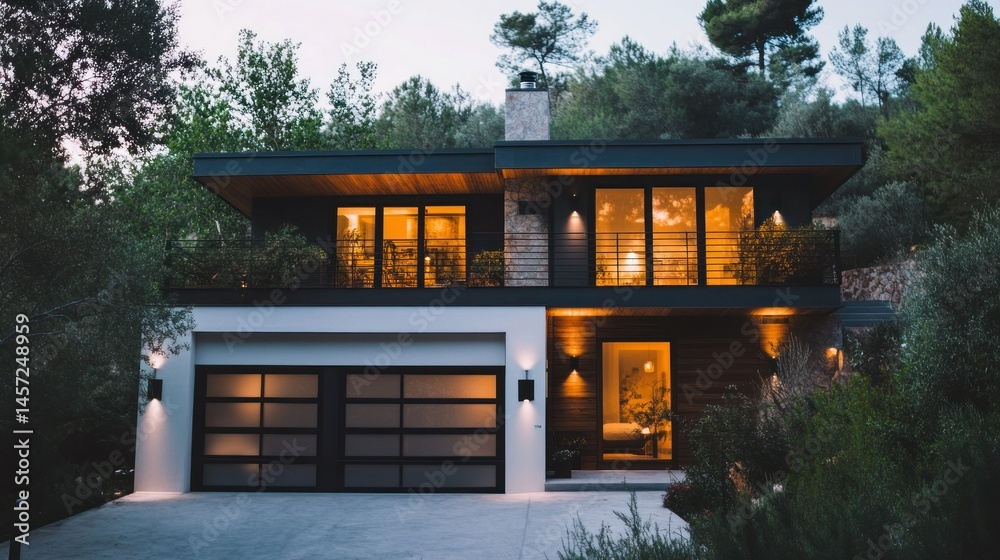 Modern luxury home with architectural design and landscape lighting Modern luxury home with architectural design and landscape lighting