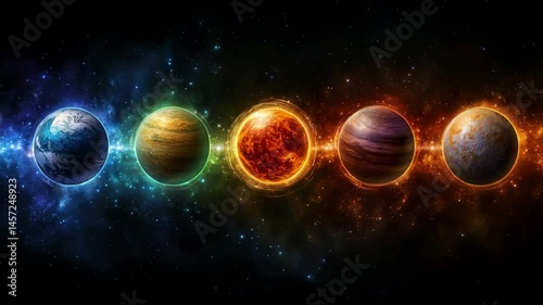 Vibrant solar system planets aligned in cosmic motion with radiant energy and nebula background