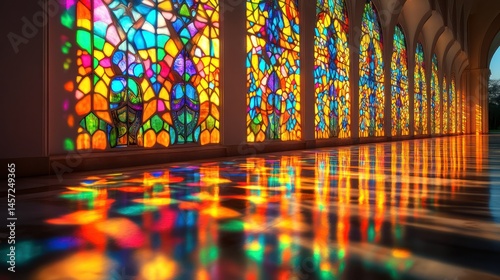 Colorful stained glass windows reflecting vibrant light on polished floor