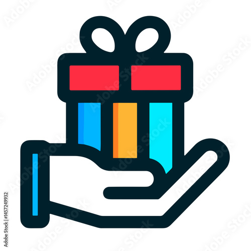 Vector icon of a hand holding a colorful gift box on transparent background for generosity, happiness for giving, celebrations, and joyful moments