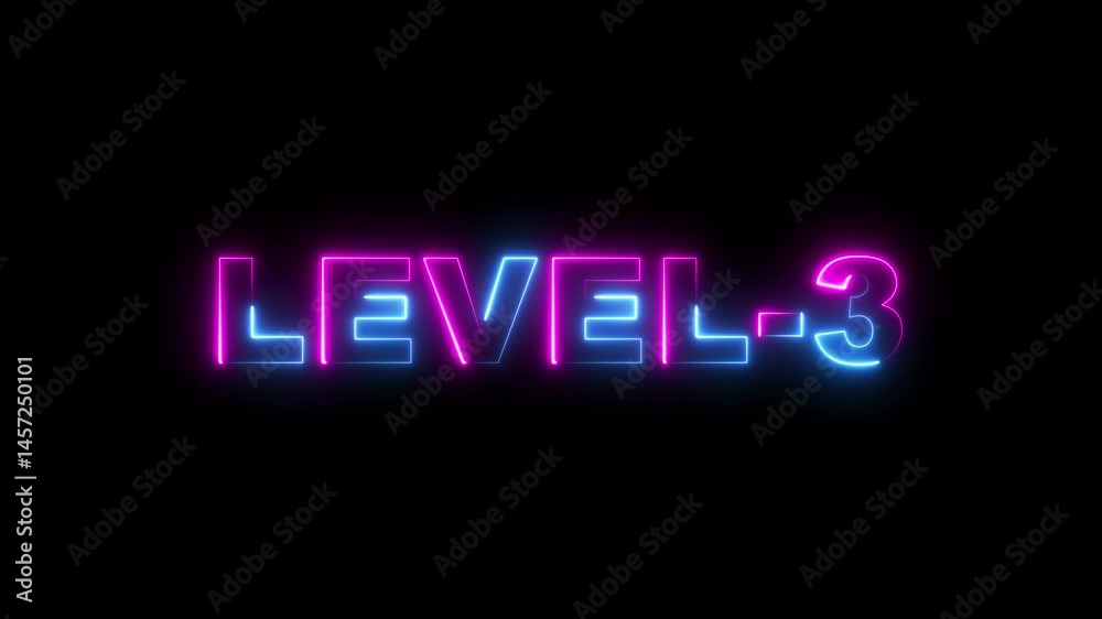 level 3 neon bright text font colorful 4k video animation. Neon level up sign and upper Level . next Level text animation. next level neon title Laser vintage effect Infinite loop able.