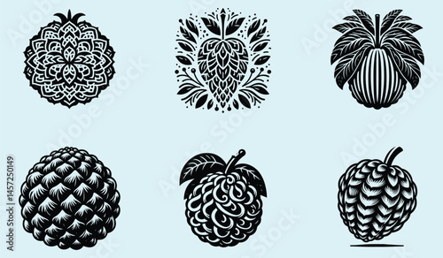 Black Silhouette of Annona Squamosa Sugar Apple Fruit with Clear Shape and Smooth Clean Design