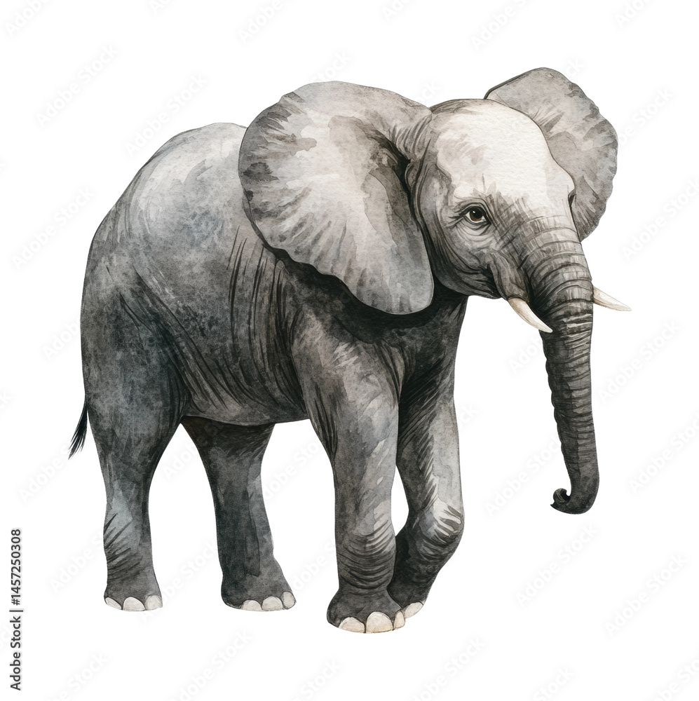 Fototapeta premium Watercolor elephant illustration with detailed texture and gentle expression, cut out - stock png.