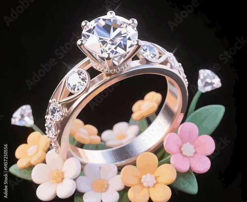 ILUSTRATION Elegant Diamond Ring with Flower Accent