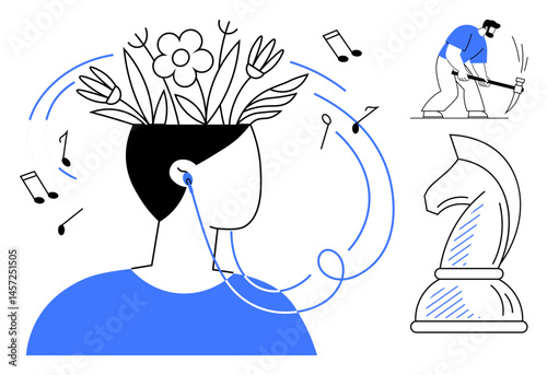 Person listening to music with flowers growing from head, woodworker carving, and chess knight. Ideal for creativity, strategy, growth, mindfulness, craftsmanship self-expression and focus. Flat