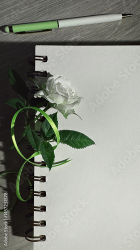 Obraz na płótnie White rose with green ribbon on spiral notebook and pen on wooden surface, perfect for romantic or creative themes w salonie