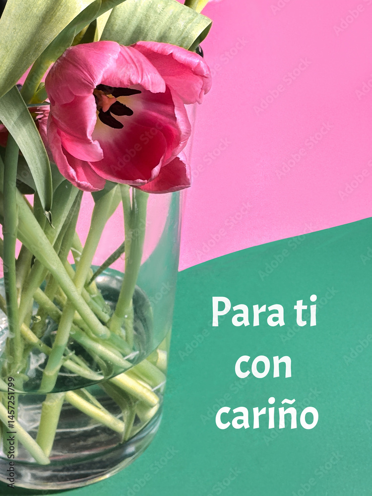 Pink tulips in a glass vase with text