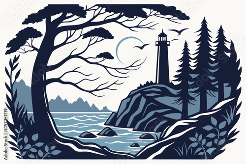 13 Silhouette, lighthouse, coastal scene, rugged landscape, windswept tree, rocky shore, moonlit night, blue tones, intricate paper cut-out style, layered design, atmospheric, moody, detailed illustra
