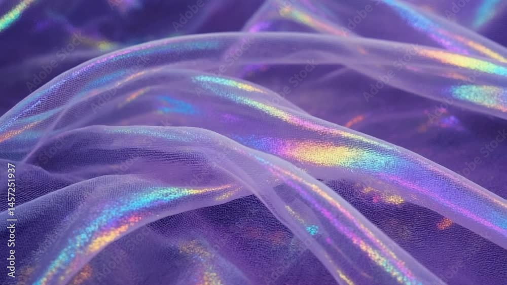 Liquid glass silk sheet folds and unfolds, each crease refracts a glowing rainbow gradient, ultra-smooth fabric physics, holographic shine, black backdrop, photorealistic detail, slow