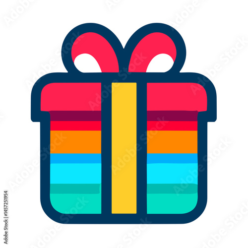 Vector icon of a colorful striped gift box with a bow on transparent background representing celebration and excitement