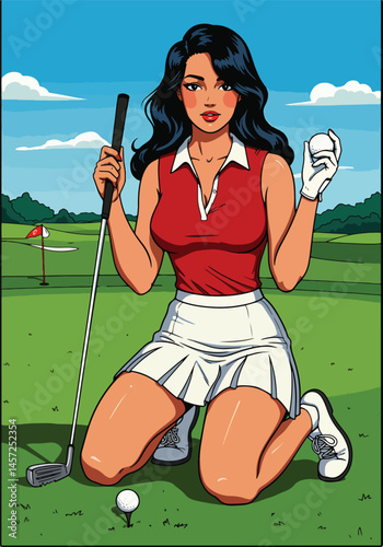 Adobe Illustrator Artwork Vibrant flat vector illustration of a stylish pin-up girl model playing golf on a scenic course. Retro sporty elegance with a modern touch