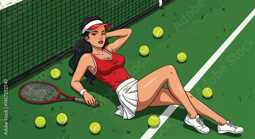 Adobe Illustrator Artwork Vibrant flat vector illustration of a stylish pin-up girl model on a tennis court, holding a racket with scattered balls. Retro sporty charm