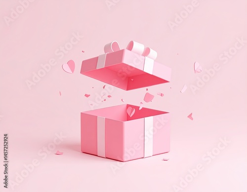 3D Rendering of Open Pink Gift Box with Ribbon and Confetti on Pastel Background – Romantic Celebration Concept