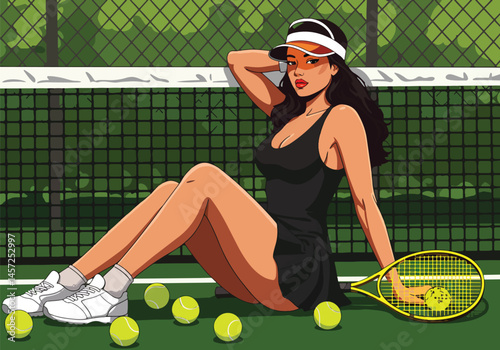 Adobe Illustrator Artwork Vibrant flat vector illustration of a stylish pin-up girl model on a tennis court, holding a racket with scattered balls. Retro sporty charm