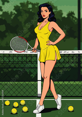 Adobe Illustrator Artwork Vibrant flat vector illustration of a stylish pin-up girl model on a tennis court, holding a racket with scattered balls. Retro sporty charm