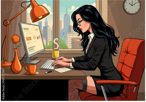 Vibrant flat vector illustration of a sexy pin-up secretary woman working on a desktop computer or laptop in a modern office with a city view. Retro charm meets modern work
