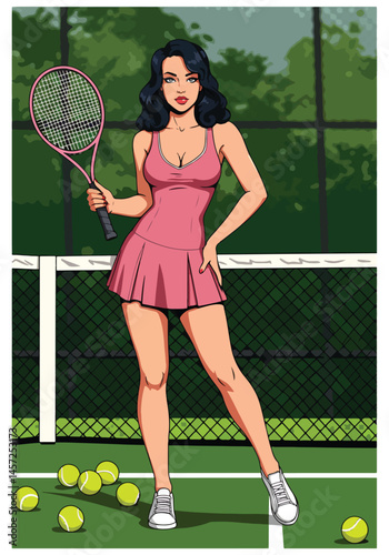 Adobe Illustrator Artwork Vibrant flat vector illustration of a stylish pin-up girl model on a tennis court, holding a racket with scattered balls. Retro sporty charm