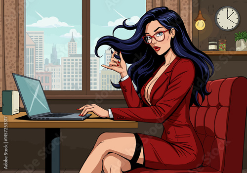 Vibrant flat vector illustration of a sexy pin-up secretary woman working on a desktop computer or laptop in a modern office with a city view. Retro charm meets modern work