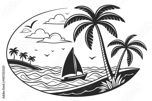 14 Black and white illustration, tropical island scene, circular composition, silhouette art, sailboat on waves, palm trees, stylized clouds, minimalist design, contrast, coastal landscape, graphic ar