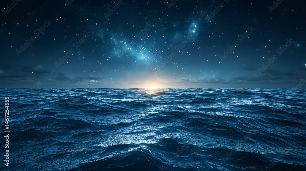 Fototapeta premium Calm navy sea under sparkling sky with stars