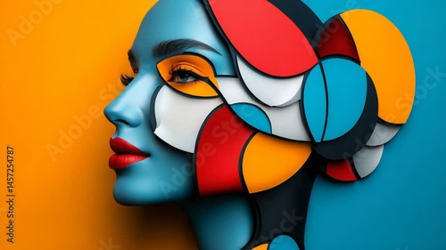 Abstract profile of woman with vibrant colors and geometric shapes in a modern art style showcasing creativity and beauty