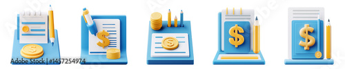 3D money dollar sign rendering along with pencil and notepad financial concept on transparent background
