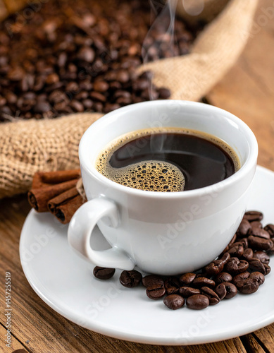 Steaming cup of Costa Rican coffee beans and brew, aromatic delight.