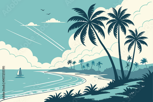 16 Tropical beach paradise, silhouetted palm trees, calm turquoise ocean, sandy shore, fluffy white clouds, bright blue sky, sunburst, tranquil island scenery, vector art style, minimalist landscape, 