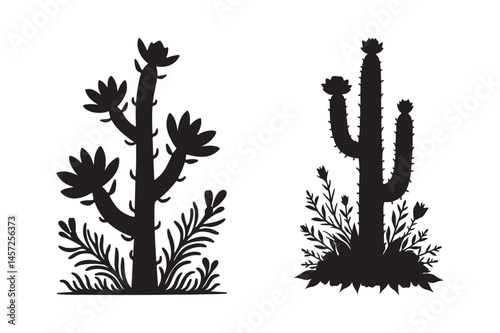 Cactus Silhouette Vector Set Desert Plant Clipart Illustration