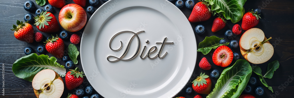 empty plate with the inscription diet, different fruits and vegetables on the table