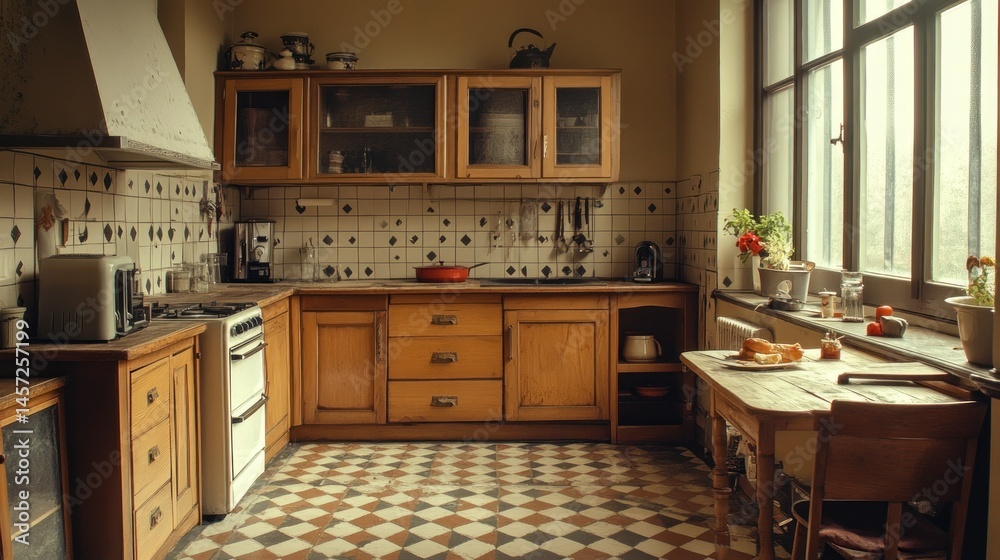 Fototapeta premium A vintage kitchen with wooden cabinets and checkered floor tiles