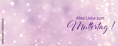 Alles Liebe zum Muttertag - Purple background with hearts and bokeh lights -  Mother's Day greeting card with text in German -  Card banner	