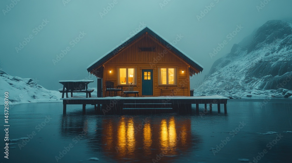 Fototapeta premium Cozy cabin on a frozen lake at night