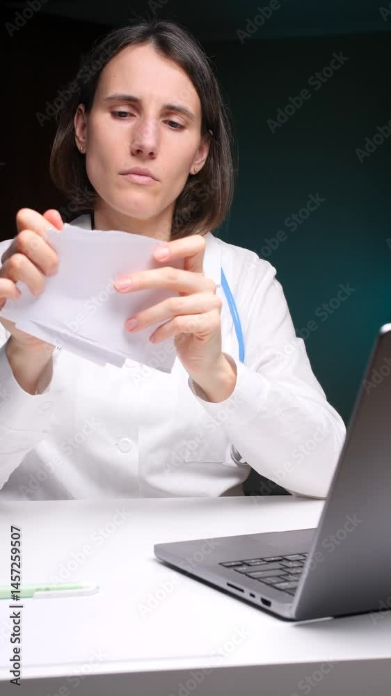 vertical video Female doctor tearing medical report at desk with laptop vertical video Female doctor tearing medical report at desk with laptop