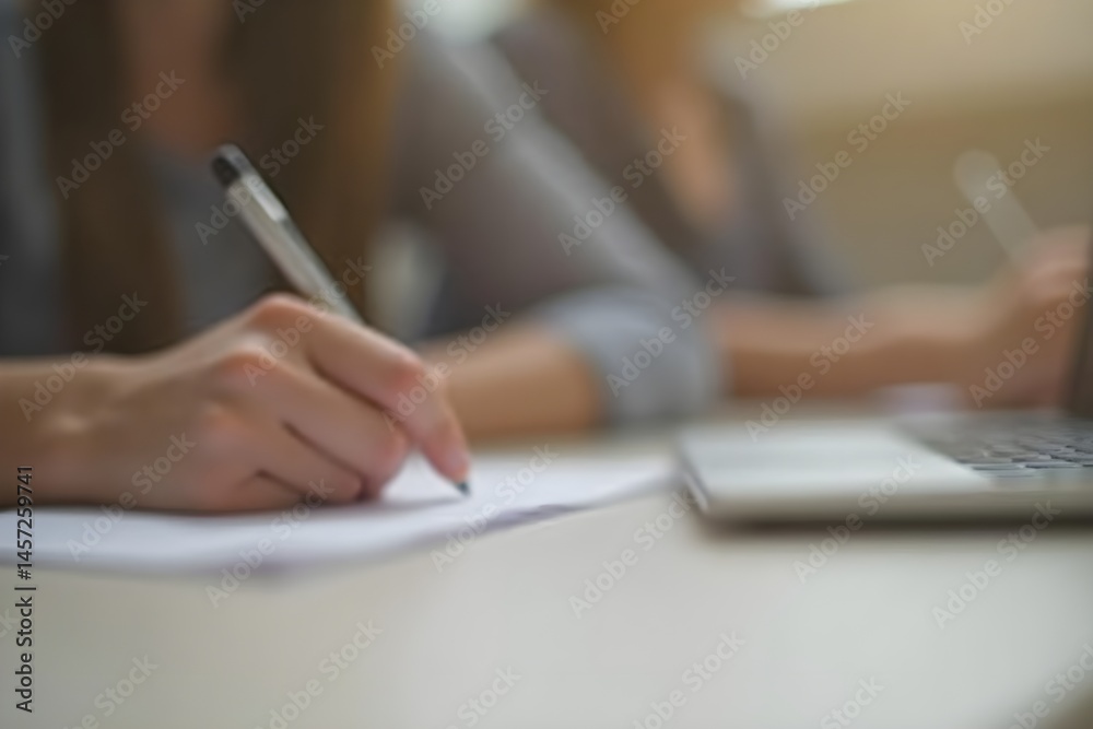 A Hand Resting on a Notepad While Writing, with the Surroundings Softly Blurred
