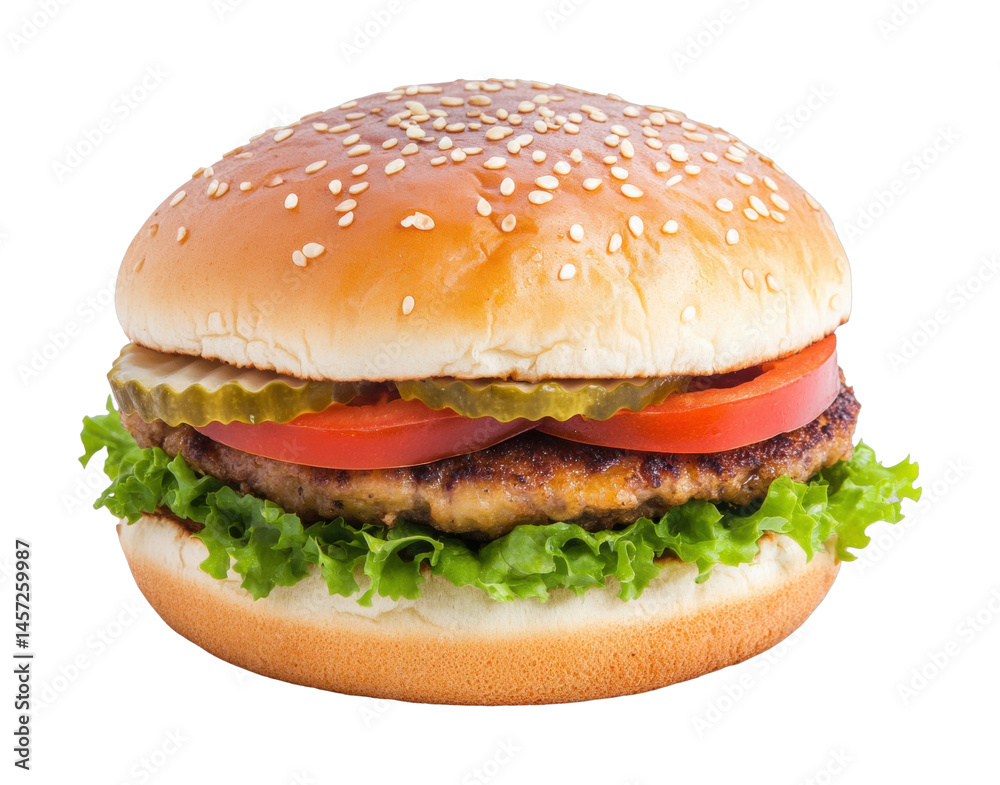 Delicious cheeseburger with lettuce, tomato, and pickles, cut out - stock png. Delicious cheeseburger with lettuce, tomato, and pickles, cut out - stock png.