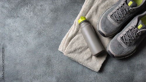 Flat Lay of Fitness Gear with Water Bottle and Towel for Workout