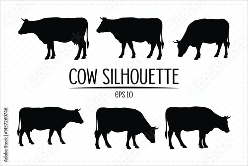 Black silhouette set of cow in different poses