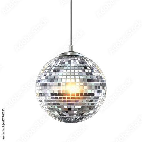 Shiny disco ball hanging from ceiling light reflecting light