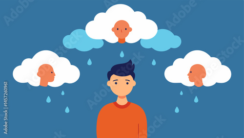 Comparison Cloud A person standing under a cloud filled with images of idealized bodies and faces illustrating their tendency to compare themselves unfavorably to often unrealistic