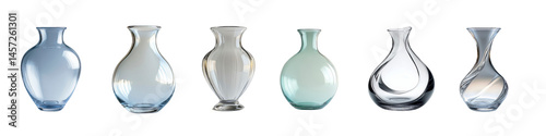 Set of six elegant transparent glass vases in different shapes on white background.