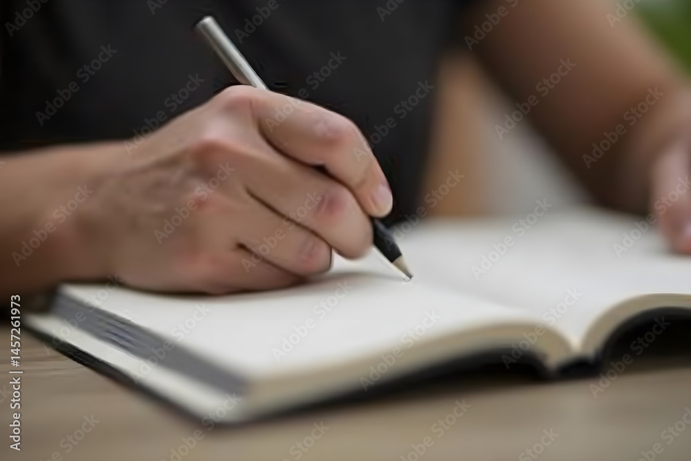 A Close-Up Shot of Someone Writing in a Diary, Background Intentionally Blurred A Close-Up Shot of Someone Writing in a Diary, Background Intentionally Blurred