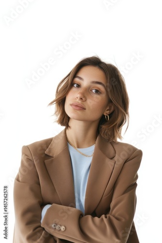 30 year old australian woman in thinking gesture blazer background portrait.