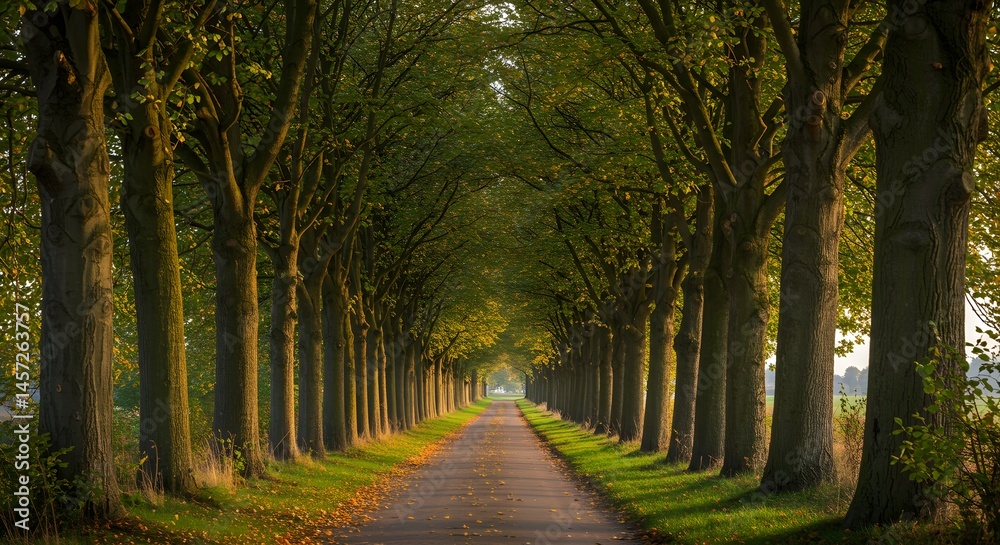 Naklejka premium Tree Lined Road with Sunlight
