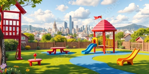 Fototapeta Naklejka Na Ścianę i Meble -  Kindergarten playground with summer cartoon backdrop, cityscape in distance, lifestyle, learning