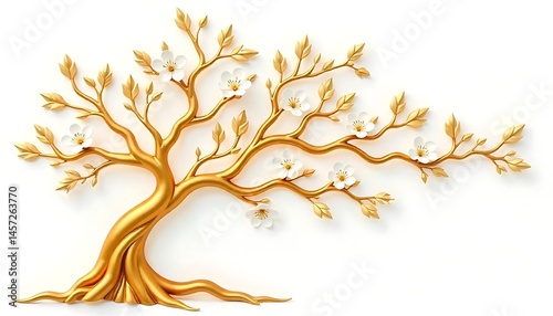 Elegant gold tree white flowers decorative design high quality 4k photo