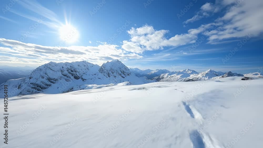 Brilliant Sunlight on Snowy Mountain Peaks with Blue Sky and White Clouds Brilliant Sunlight on Snowy Mountain Peaks with Blue Sky and White Clouds