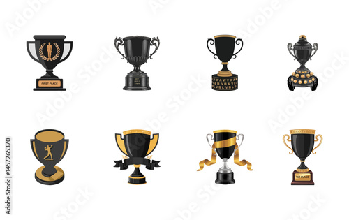 Set of 8 Trophy Icon Silhouettes in Black Vector Style for Awards and Competitions